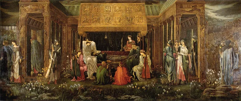 Burne-Jones painting of King Arthur asleep on a bier, surrounded by women