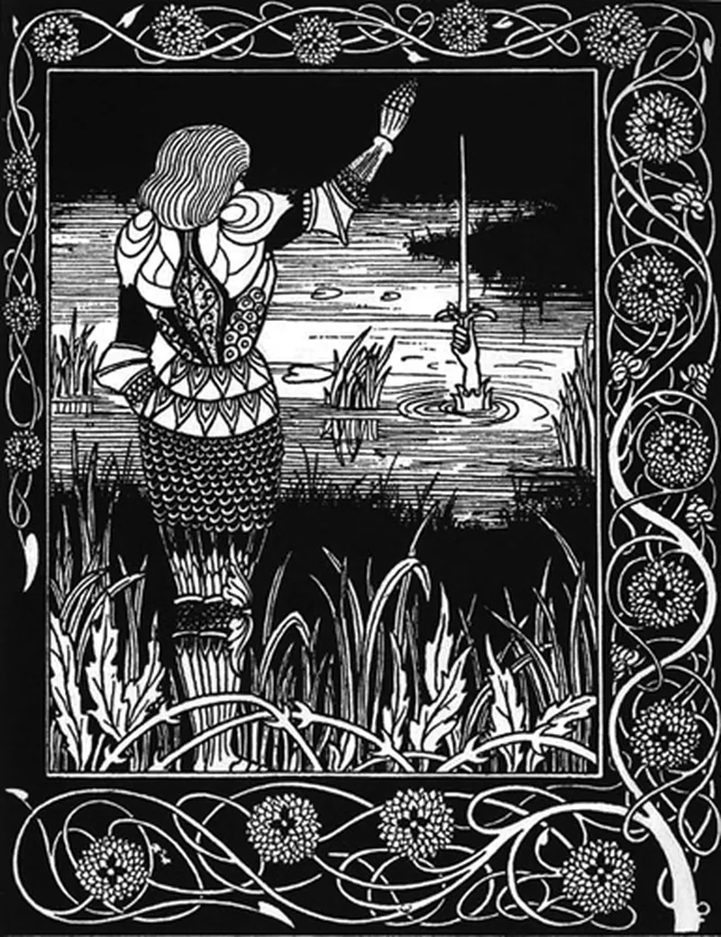 Aubrey Beardsley drawing of Sir Bedivere throwing the sword into the water