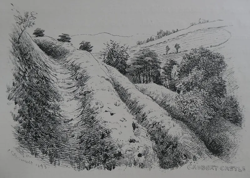 Drawing of the earthworks of Cadbury Castle, 1893