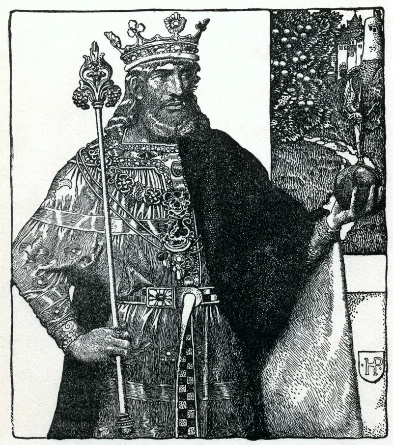 Howard Pyle’s pen drawing of a crowned King Arthur holding a sword