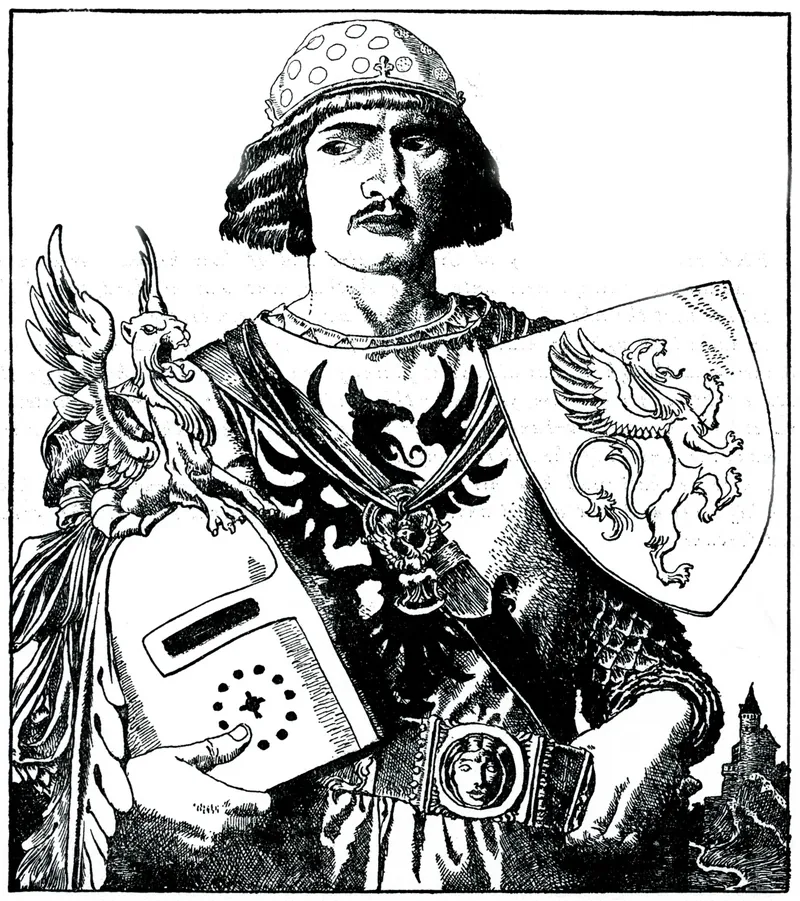 Howard Pyle drawing of Sir Gawaine in armour