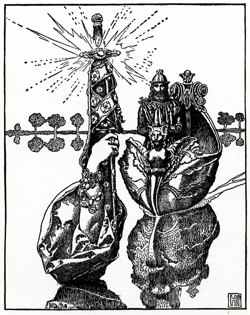 Howard Pyle drawing of an arm rising from water holding a sword, with Arthur and Merlin in a boat