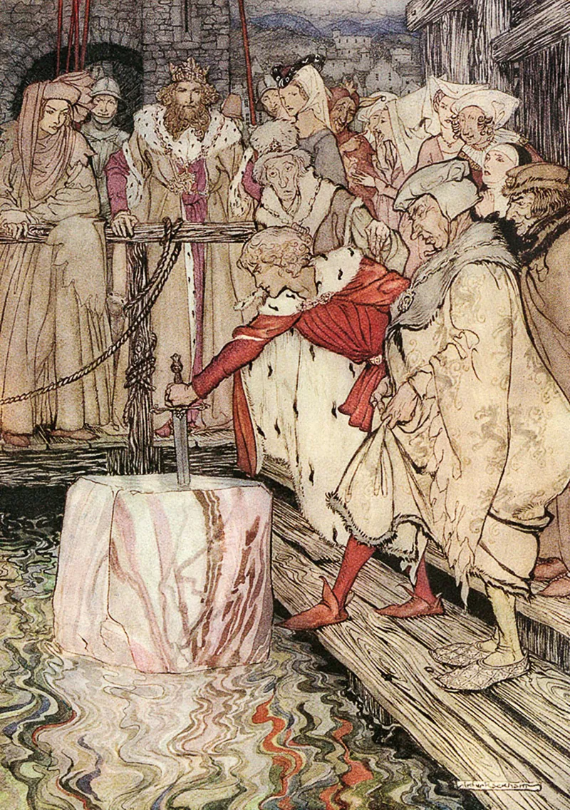 Arthur Rackham painting of a young knight drawing a sword from a marble block floating on a river, watched by a king and court