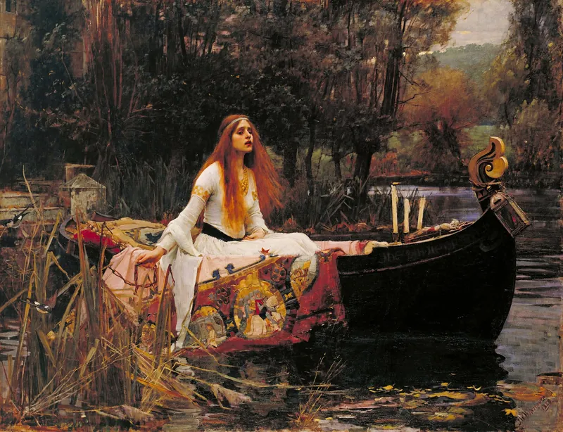 Waterhouse painting of the Lady of Shalott seated in a boat with candles and a tapestry
